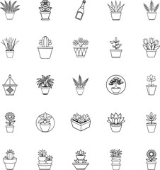 Potted Plants, Flowers, Cactus, Succulents, Home Decor, Gardening Icons, Line Art, Simple, Minimalis