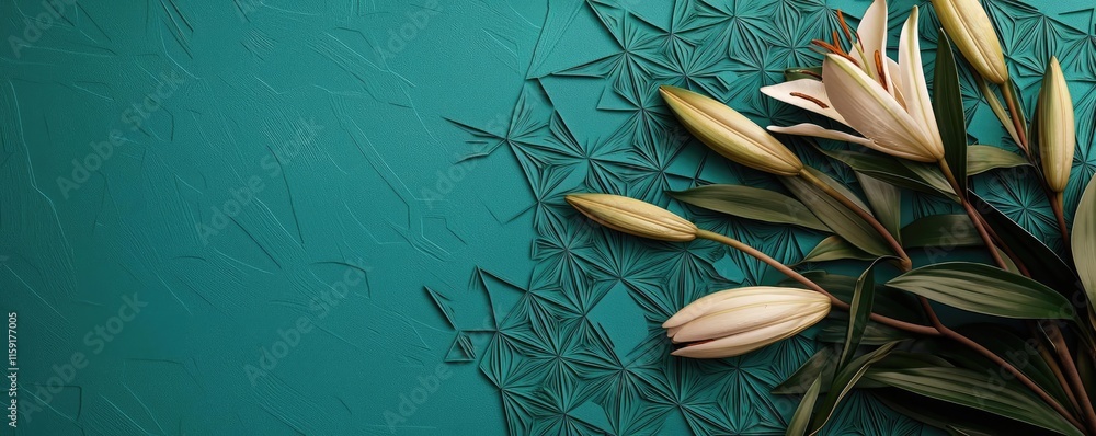 Poster lily leaves abstract background concept. elegant white lily blooms on a textured teal backdrop, crea