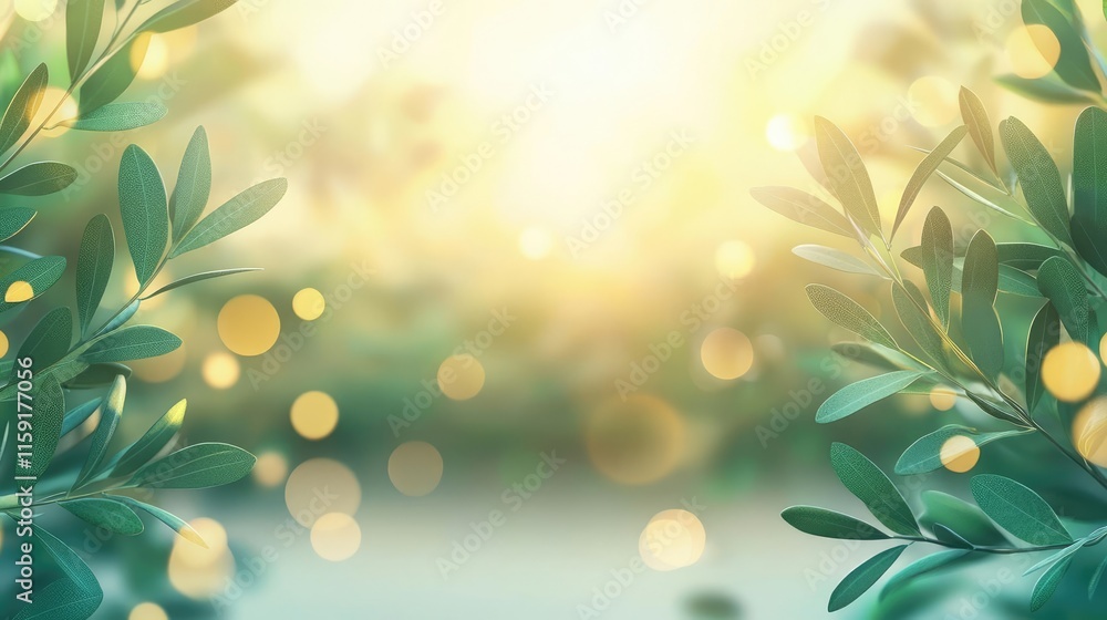Poster olive tree abstract background concept. a tranquil scene with soft sunlight filtering through lush g