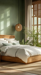 Cozy bedroom with natural light and greenery in a serene interior design
