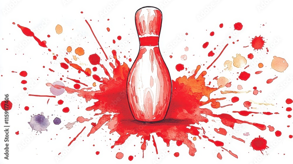 Poster abstract red bowling pin with splashes of colorful paint on white background