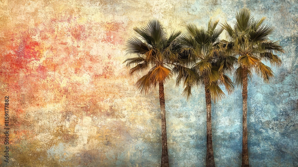 Poster palm tree abstract background idea. beautiful palm trees against a colorful textured background, ide