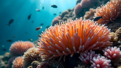 Vibrant Coral Reef Scene Orange Anemone Fish Underwater