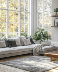 Modern living room with large windows and cozy dcor showcasing natural light and greenery