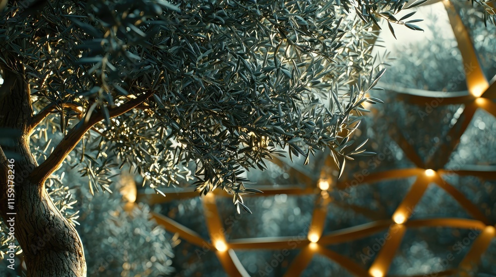 Poster olive tree abstract background concept. a serene olive tree illuminated by soft lights in a modern a