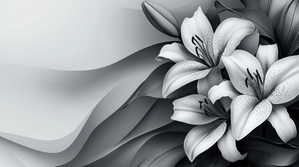 Lily leaves abstract background concept. Elegant black and white floral design featuring beautiful lilies and soft waves.
