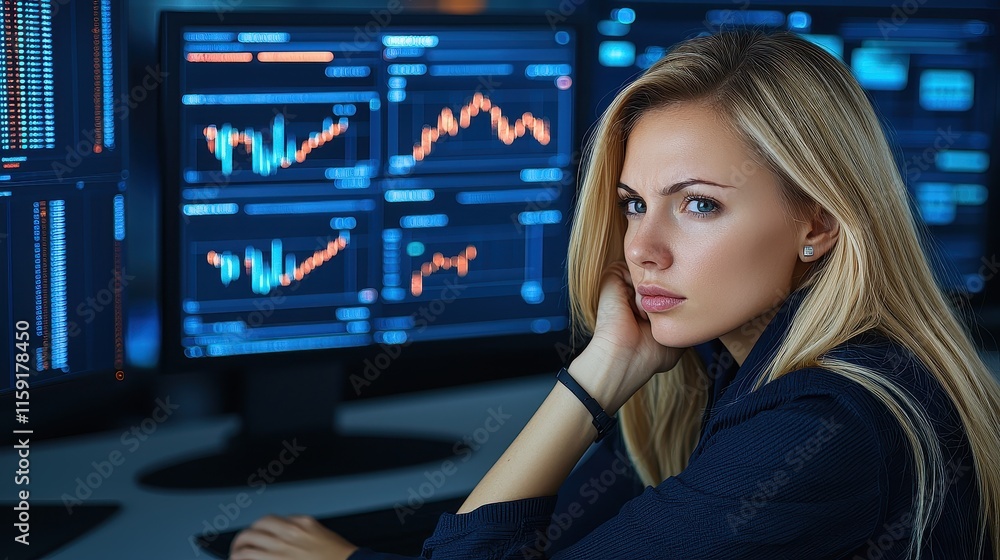 Poster young woman analyzing data trends on multiple computer screens in a modern office setting