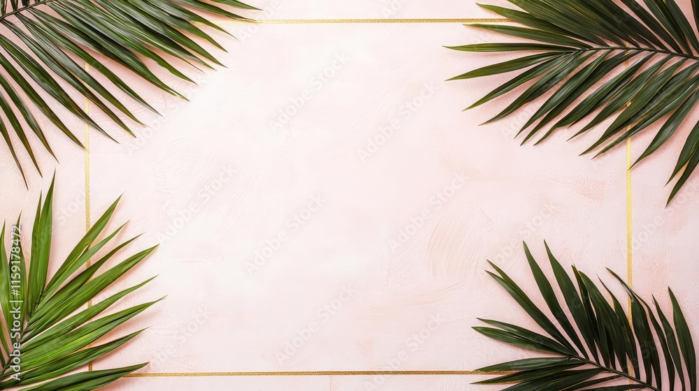 Poster palm tree abstract background idea. tropical palm leaves frame a blank space on a soft pastel backgr