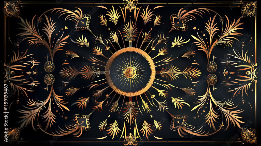 Poster intricate design showcasing golden patterns on a dark background