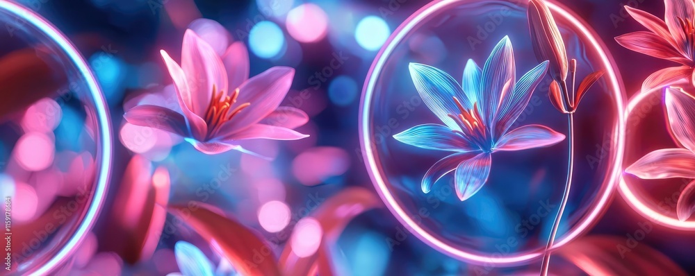Poster lily leaves abstract background concept. vibrant flowers with neon colors and bubbles create a mesme