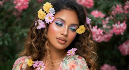 Naklejka premium Vibrant beauty portrait of young hispanic woman with floral accents in blossoming garden scene
