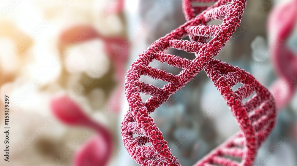 Poster close-up view of red dna double helix structure with blurred background and light effects