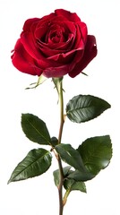 Obraz premium A Single Deep Red Rose with Lush Green Leaves