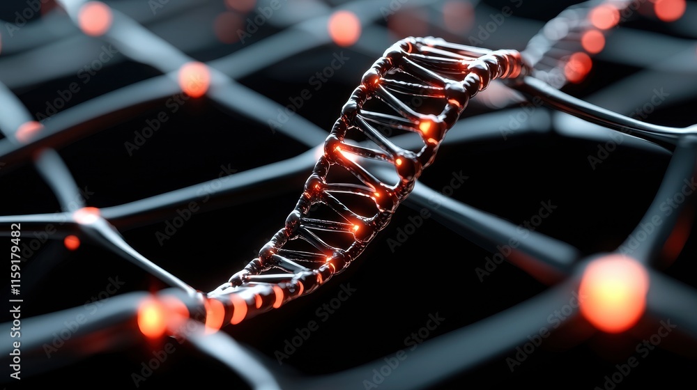 Aufkleber intricate dna strand overlaid on a network of black and red nodes in a futuristic setting