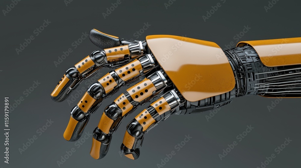 Poster robotic hand with advanced mechanisms and sleek orange design for futuristic technology images