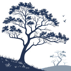 Silhouette of a lone tree, detailed branches and leaves, grassy hill, birds in flight, black and white illustration, high contrast, detailed vegetation