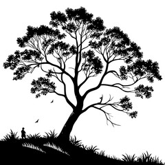 Silhouette of a lone tree, detailed branches and leaves, grassy hill, birds in flight, black and white illustration, high contrast, detailed vegetation