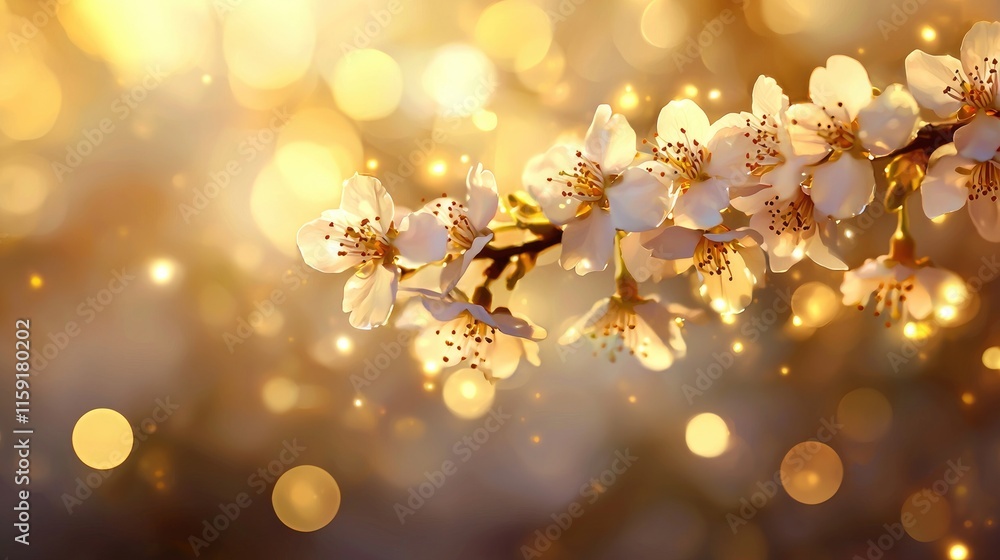 Poster delicate flower branch with soft bokeh background and warm light