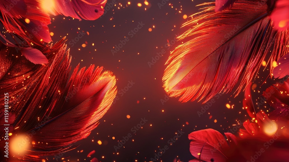 Poster vibrant red feathers with shimmering particles in dark background
