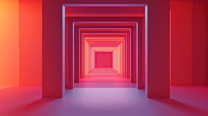 Fototapeta premium Vibrant corridor with layered geometric shapes, illuminated in r