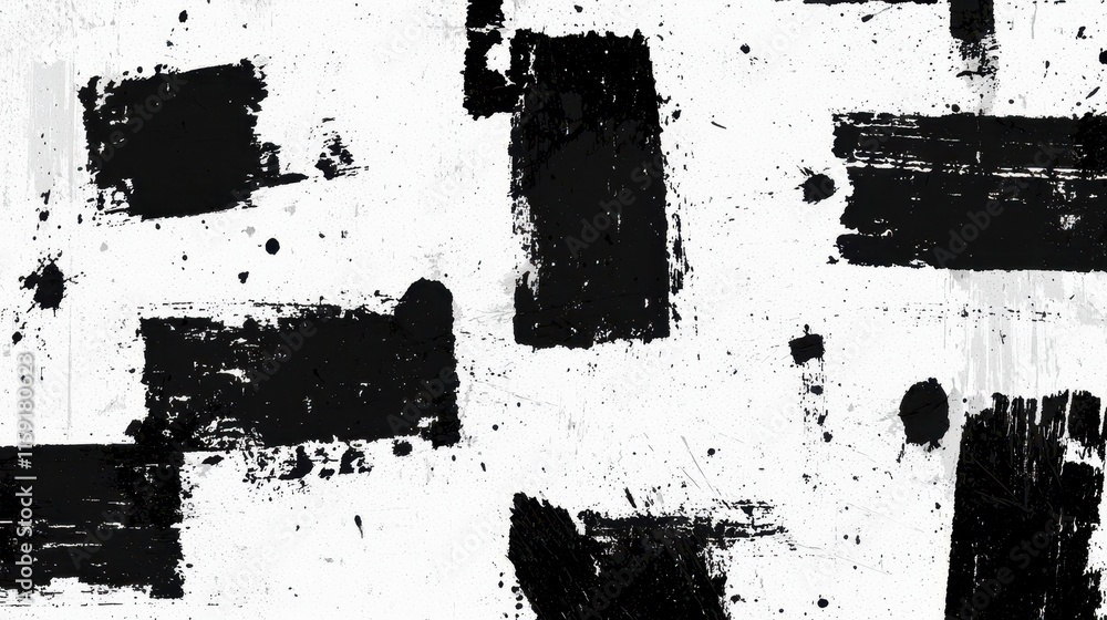 Poster abstract black and white texture with brush strokes and paint splatter on canvas background