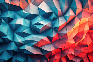 Obraz premium 3D dynamic geometric pattern in bold cyan and red, featuring overlapping triangles and designs with rich textures, perfect for modern, abstract, and innovative design projects.