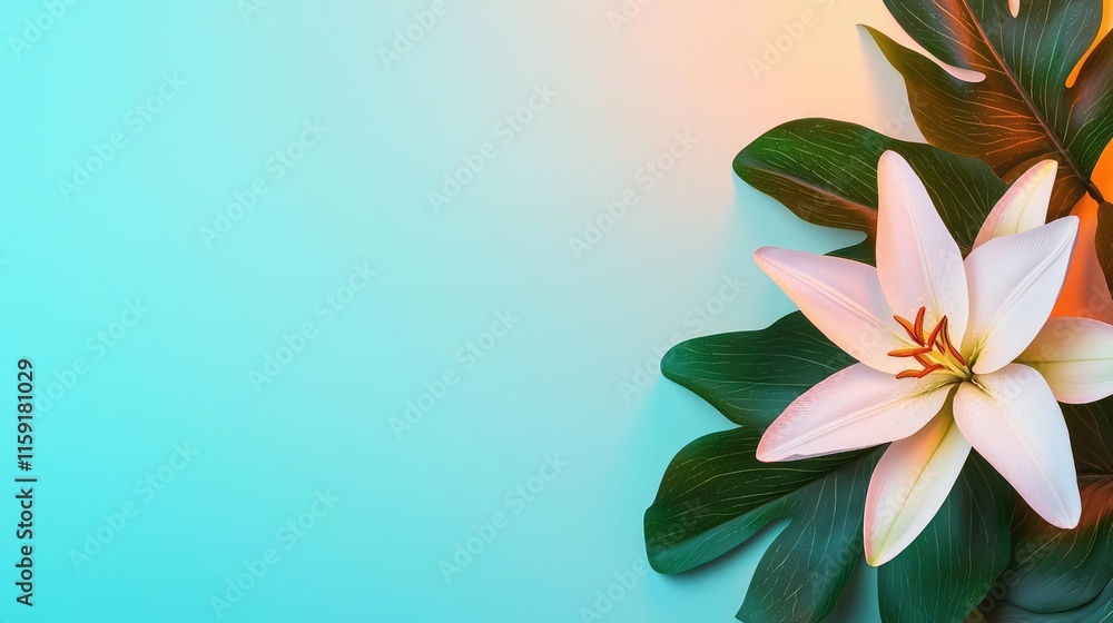 Poster lily leaves abstract background concept. a beautiful white lily with green leaves on a soft gradient