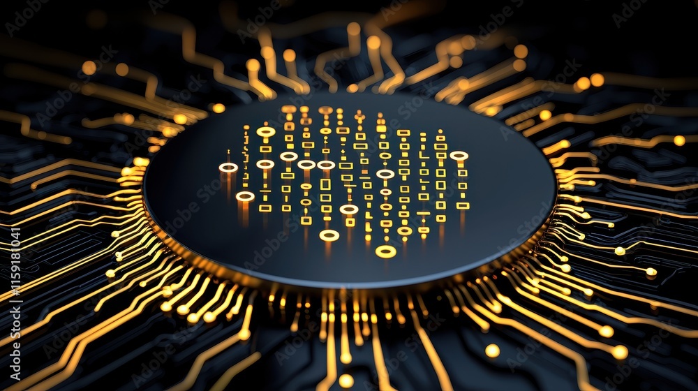 Poster abstract technology design with golden circuits and data symbols radiating from center