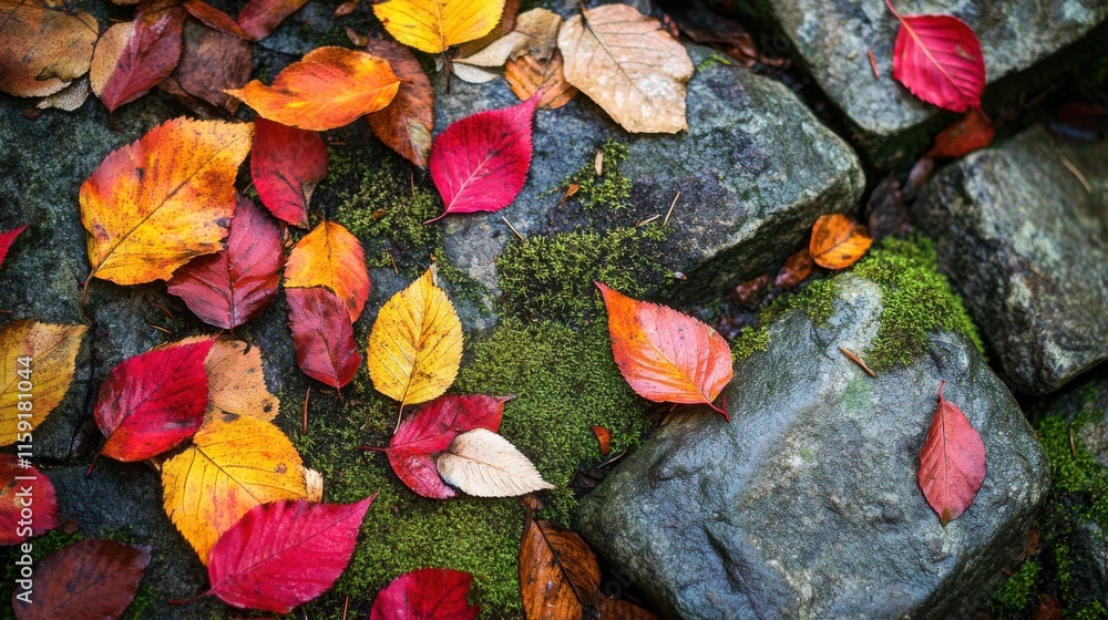 Poster an artistic arrangement of colorful autumn leaves scattered on a moss-covered stone path in a forest