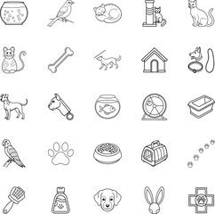 Pet Care Icons Dogs, Cats, Birds, Fish, Supplies, and Accessories