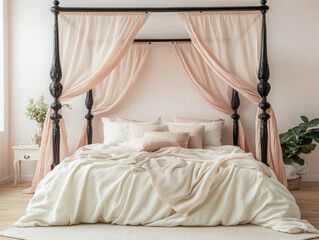 Elegant canopy bed in a beautifully designed bedroom with soft pastel decor