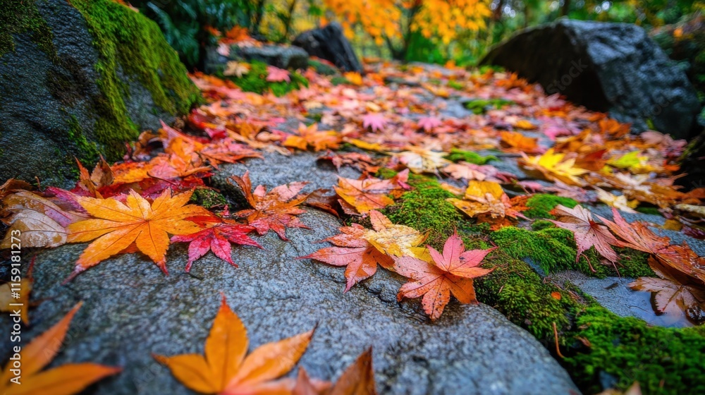 Poster an artistic arrangement of colorful autumn leaves scattered on a moss-covered stone path in a forest