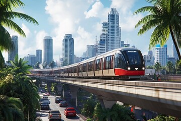 Naklejka premium Trains travel through urban and tropical landscapes with vibrant surroundings. Public transport. AI generated image