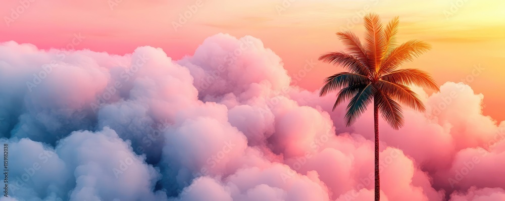 Poster palm tree abstract background idea. palm tree silhouette against vibrant sunset with colorful clouds