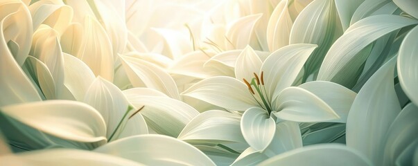 Lily leaves abstract background concept. A serene, blooming lily garden bathed in soft morning light, showcasing nature's beauty.