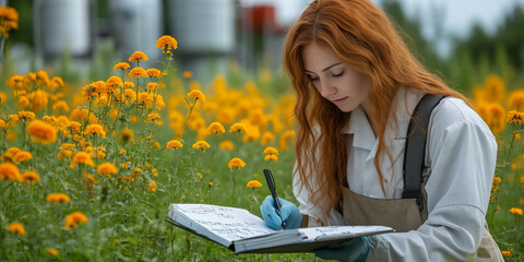 Researcher documents PFAS risks in a vibrant field of flowers while prioritizing health and environmental safety