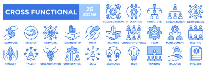 Obraz premium Cross functional icon collection set. Containing teamwork, collaboration, skill, project, management and integration icon. Simple blue vector illustration.