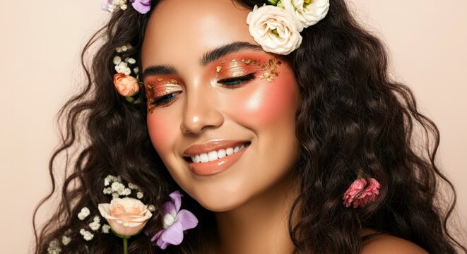 Radiant beauty portrait of a young hispanic woman with floral makeup and natural curls