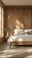 Elegant wooden bedroom with natural light and minimalist decor