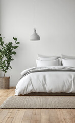 Modern bedroom interior with white bedding and natural decor elements