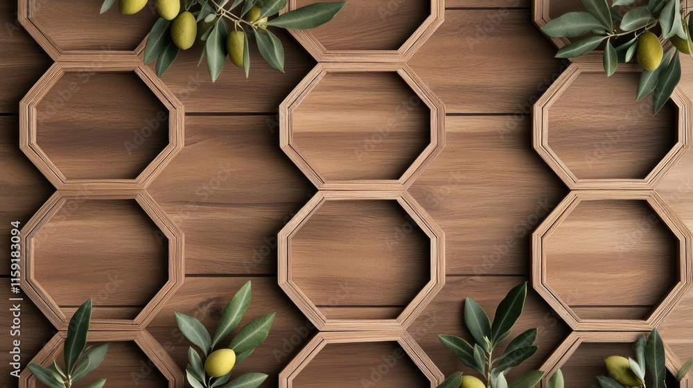 Poster olive tree abstract background concept. elegant wooden backdrop with hexagonal patterns and lush oli