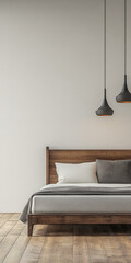 Modern bedroom design featuring wooden bed and stylish hanging lights in minimalistic space
