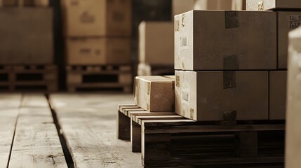 Cardboard Boxes Stacked On Wooden Pallets In Warehouse