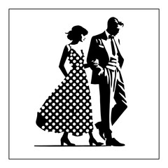 A minimal illustration of a man with his wife in a polka-dotted dress in a black and white color block style