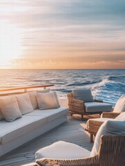 Luxury yacht deck with elegant furniture overlooking the sunset and ocean waves during a tranquil evening cruise. Generative AI