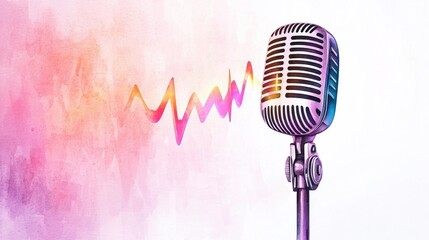 Fototapeta premium Watercolor Artwork of a Vintage Microphone Glowing with Colorful Sound Waves on a Soft Background