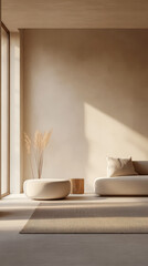 Minimalist living room with natural light and neutral tones in a modern setting
