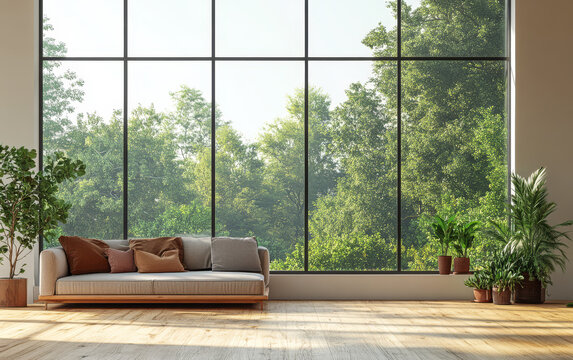 Cozy living room with large windows overlooking a lush green garden during daylight