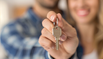 Woman with house key and her blurred boyfriend on background, closeup of hand