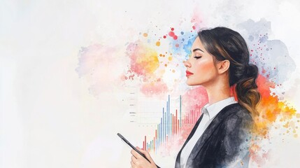 Fototapeta premium Elegant Businesswoman in Soft Watercolor Tones Holding a Smartphone with Abstract Data Graphs and Colorful Splashes in the Background